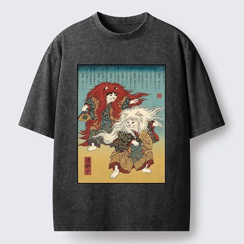 Tokyo-Tiger Traditional Japanese Kabuki Style Cat Art Washed T-Shirt