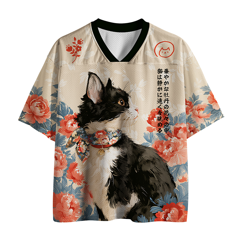 Tokyo-Tiger Cat Among Peonies Mesh Jersey