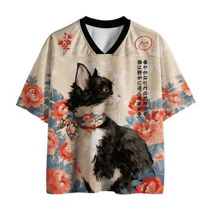 Tokyo-Tiger Cat Among Peonies Mesh Jersey