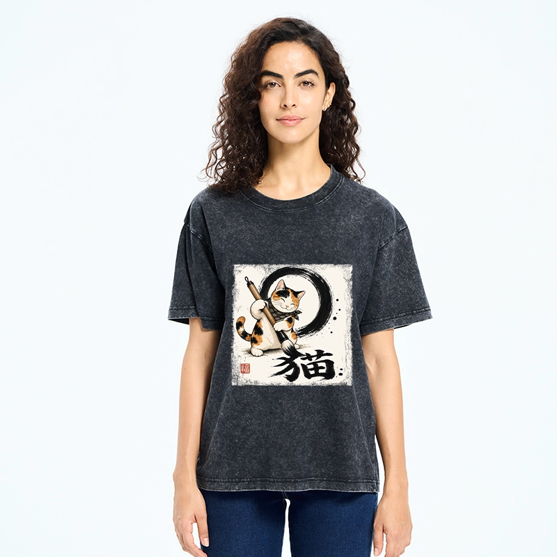 Tokyo-Tiger Calico Cat Writing Chinese Cat Kanji Washed T-Shirt