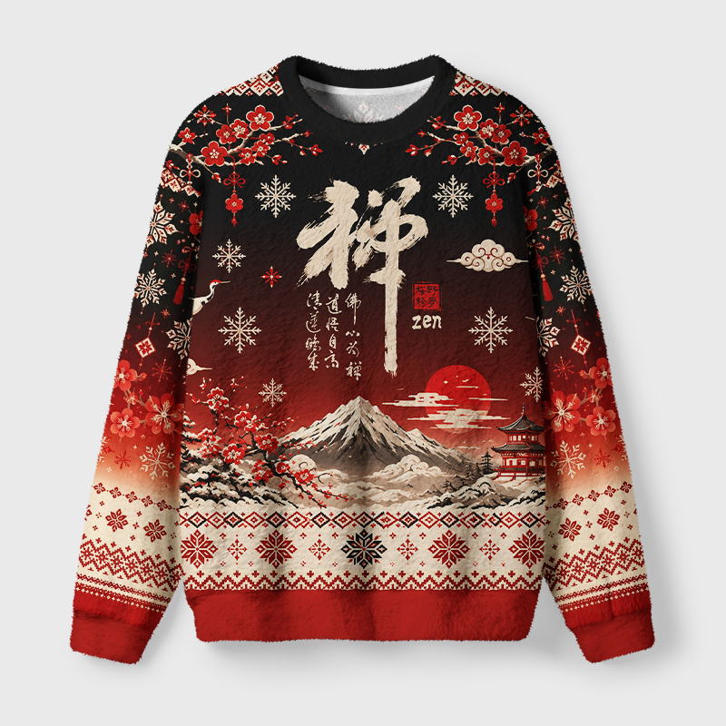 Tokyo-Tiger Plum Blossom&Zen Fuji Mountain Japanese Fuzzy Christmas Ugly Sweatshirt