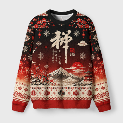 Tokyo-Tiger Plum Blossom&Zen Fuji Mountain Japanese Fuzzy Christmas Ugly Sweatshirt