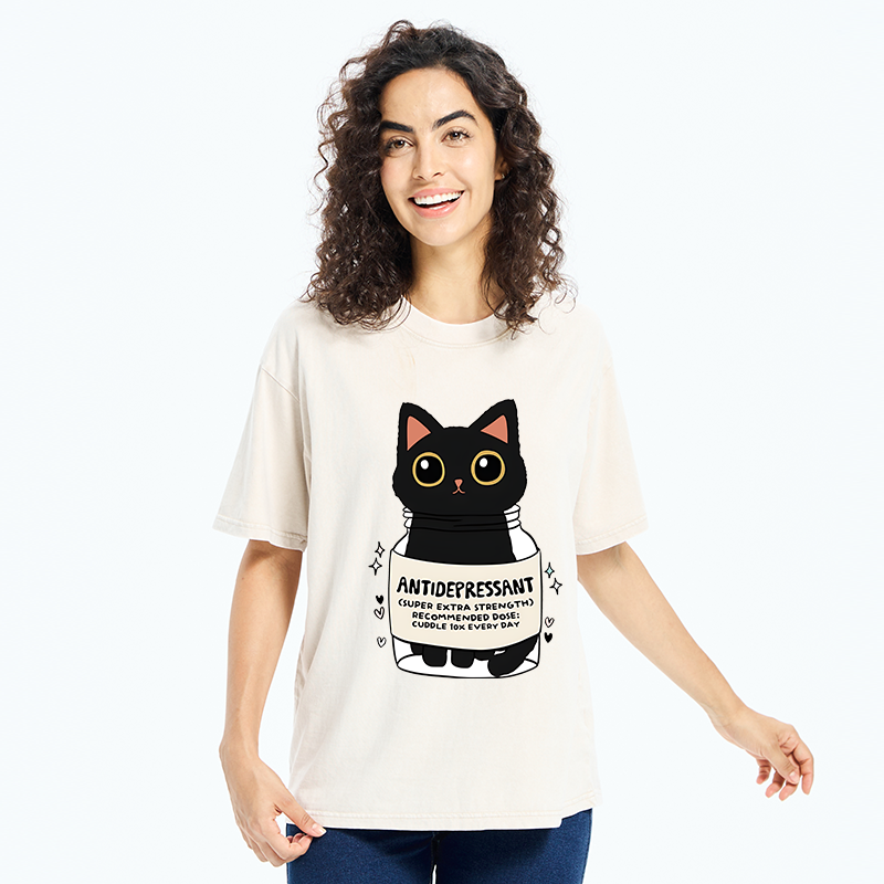 Tokyo-Tiger Antidepressant Black Cat Washed T-Shirt