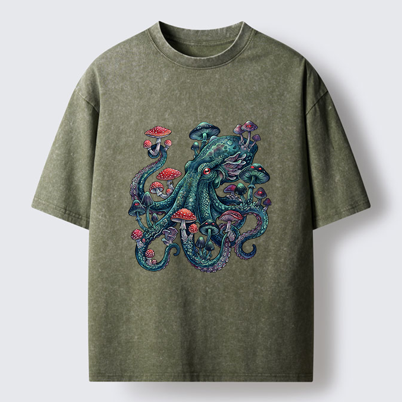 Tokyo-Tiger Octopus Covered In Mushrooms Washed T-Shirt