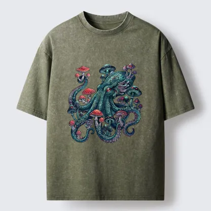 Tokyo-Tiger Octopus Covered In Mushrooms Washed T-Shirt