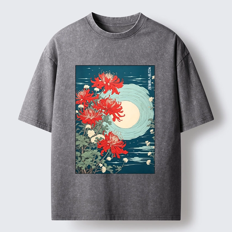 Tokyo‑Tiger Moon Red Spider Lily Washed T‑Shirt