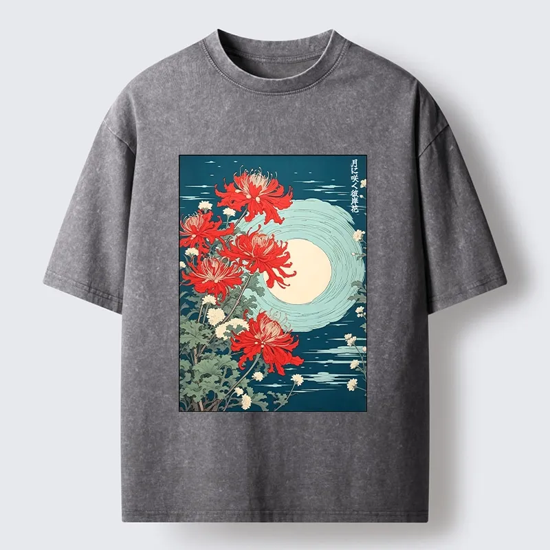 Tokyo‑Tiger Moon Red Spider Lily Washed T‑Shirt