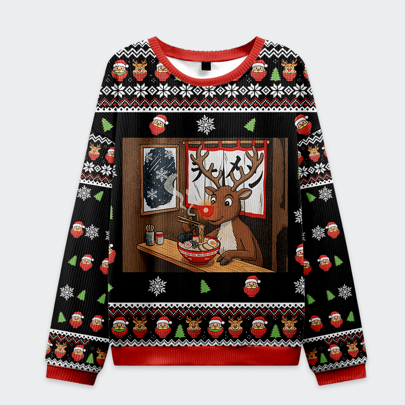 Tokyo-Tiger Reindeer Eating Ramen Christmas Ugly Sweatshirt