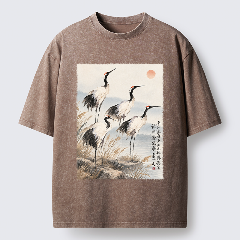 Tokyo-Tiger Vintage Oriental Crane Art Washed T-Shirt