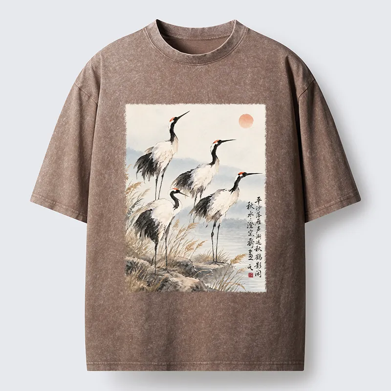 Tokyo-Tiger Vintage Oriental Crane Art Washed T-Shirt