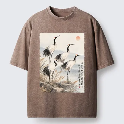 Tokyo-Tiger Vintage Oriental Crane Art Washed T-Shirt