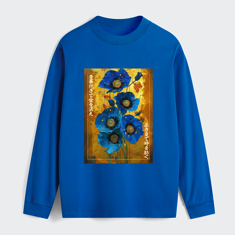 Tokyo-Tiger Shiny Blue Flower Warm Golden Background Classic Long Sleeve T-Shirt