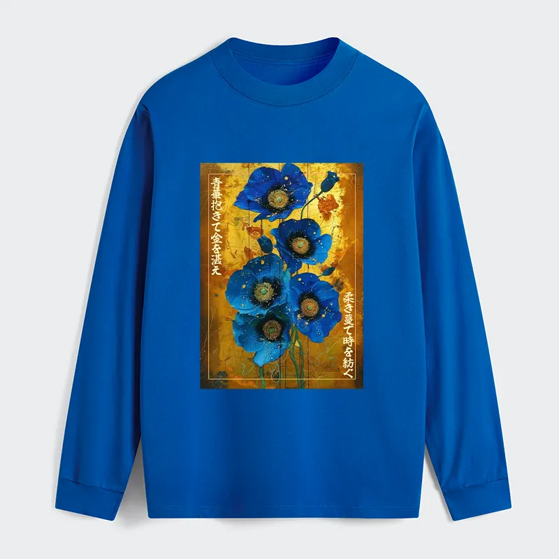 Tokyo-Tiger Shiny Blue Flower Warm Golden Background Classic Long Sleeve T-Shirt