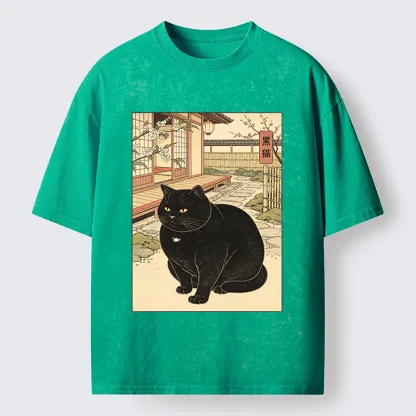 Tokyo‑Tiger Fat Cat In The Yard Washed T‑Shirt