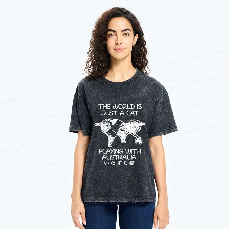 Tokyo-Tiger Funny World With Cat Washed T-Shirt