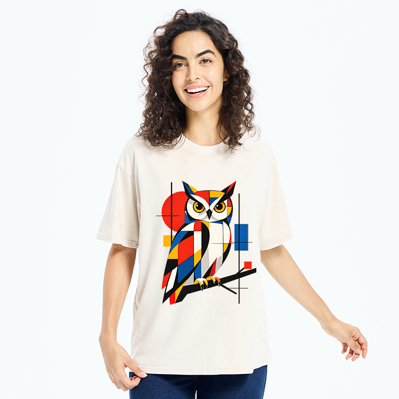 Tokyo-Tiger Geometric Owl Art Meme Washed T-Shirt