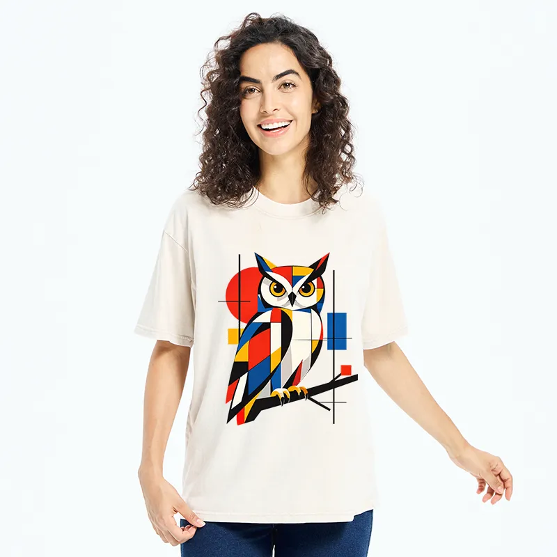 Tokyo-Tiger Geometric Owl Art Meme Washed T-Shirt