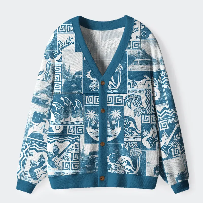 Tokyo-Tiger Tropical Island Collage Ugly Cardigan Sweater