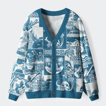 Tokyo-Tiger Tropical Island Collage Ugly Cardigan Sweater