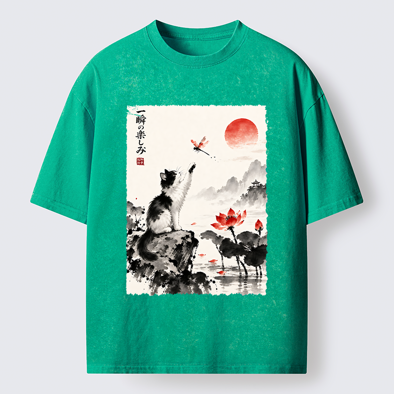 Tokyo-Tiger Cat Chases Dragonfly Washed T-Shirt