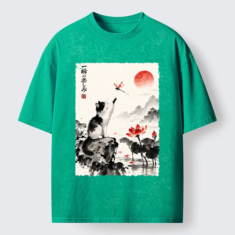 Tokyo-Tiger Cat Chases Dragonfly Washed T-Shirt