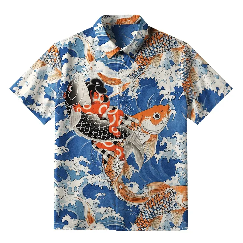 Tokyo-Tiger Sumo Wrestler Holding A Koi Button-up Shirt Sale