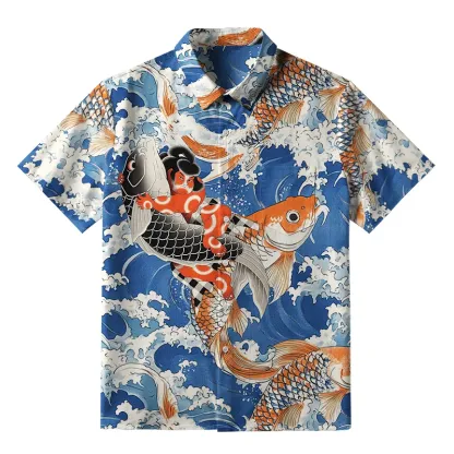 Tokyo-Tiger Sumo Wrestler Holding A Koi Button-up Shirt