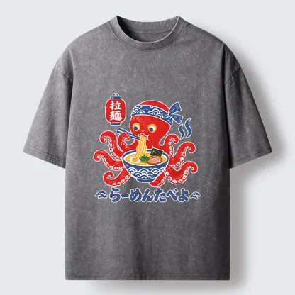 Tokyo-Tiger Vintage Octopus Eating Ramen Washed T-Shirt