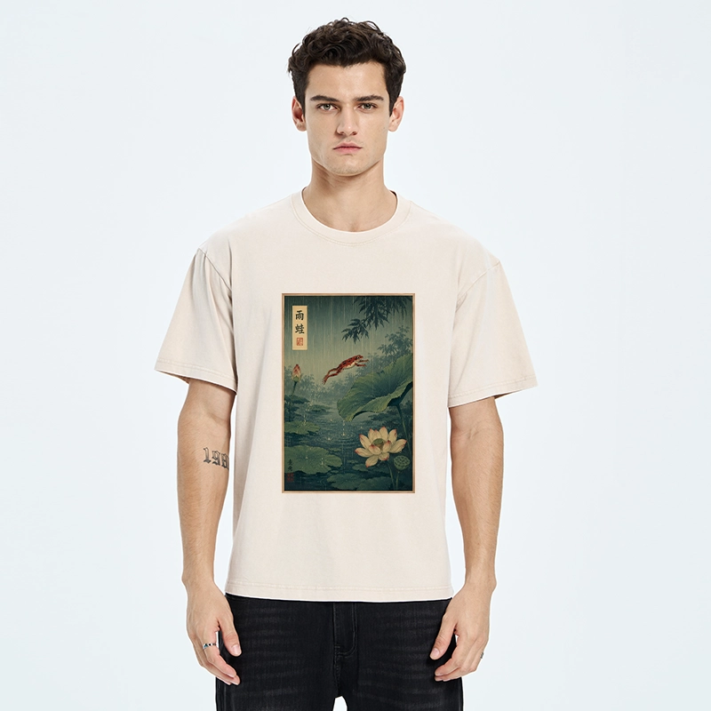 Tokyo-Tiger Vintage Asian Frog Jump Over Lotus Leaf Washed T-Shirt