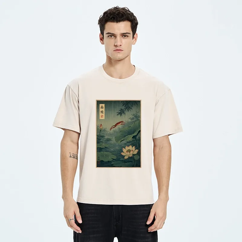 Tokyo-Tiger Vintage Asian Frog Jump Over Lotus Leaf Washed T-Shirt