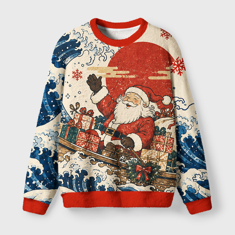 Tokyo-Tiger Wave Surfing Santa Fuzzy Christmas Ugly Sweatshirt