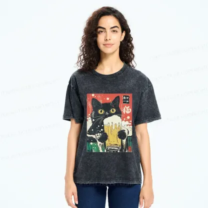 Tokyo-Tiger Cat Drinking Beer Funny Washed T-Shirt