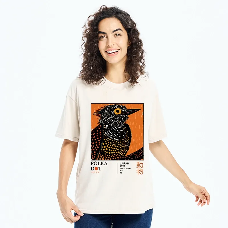 Tokyo-Tiger Polka Dot Bird Japanese Art Poster Washed T-Shirt