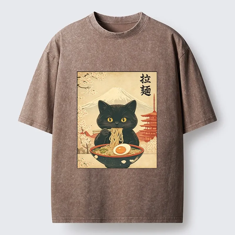 Tokyo‑Tiger Black Cute Cat Ramen Feast Washed T‑Shirt