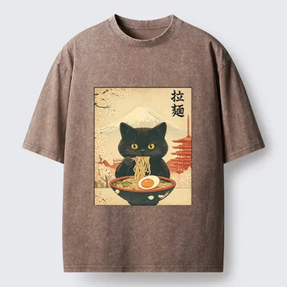 Tokyo‑Tiger Black Cute Cat Ramen Feast Washed T‑Shirt