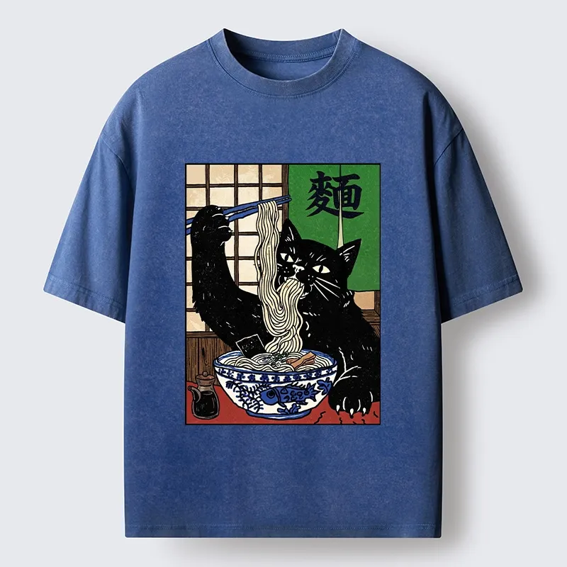 Tokyo‑Tiger Ramen Cat Vibes Washed T‑Shirt