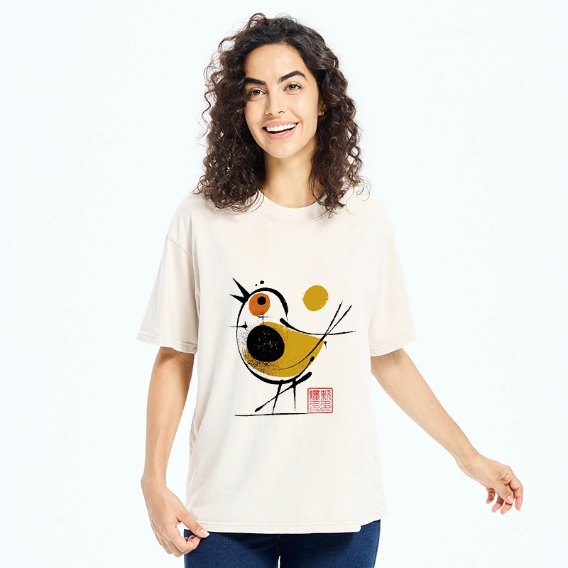 Tokyo-Tiger Aesthetic Yellow And Black Bird Washed T-Shirt