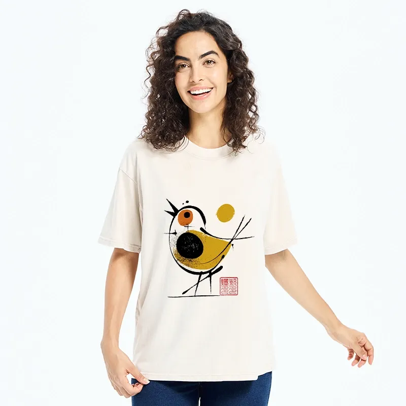 Tokyo-Tiger Aesthetic Yellow And Black Bird Washed T-Shirt