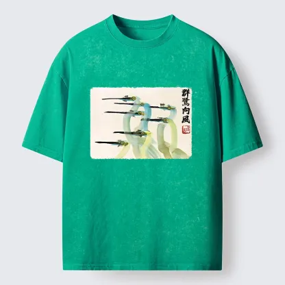 Tokyo‑Tiger Herons Wind Dance Washed T‑Shirt