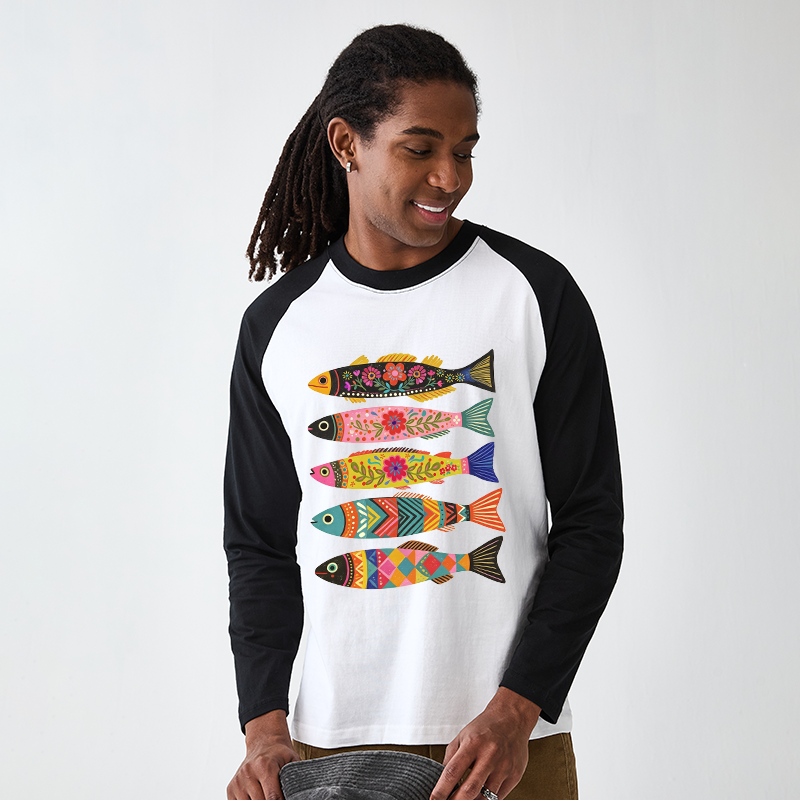 Tokyo-Tiger Colorful Patterned Fish Raglan Long Sleeve T-shirt