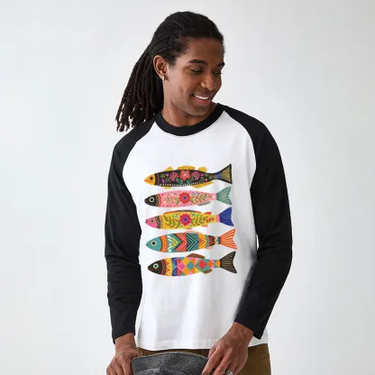 Tokyo-Tiger Colorful Patterned Fish Raglan Long Sleeve T-shirt
