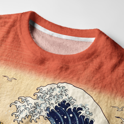Tokyo-Tiger Ukiyo-E Christmas Samurai Cat Riding Octopus Fuzzy Christmas Ugly Sweatshirt