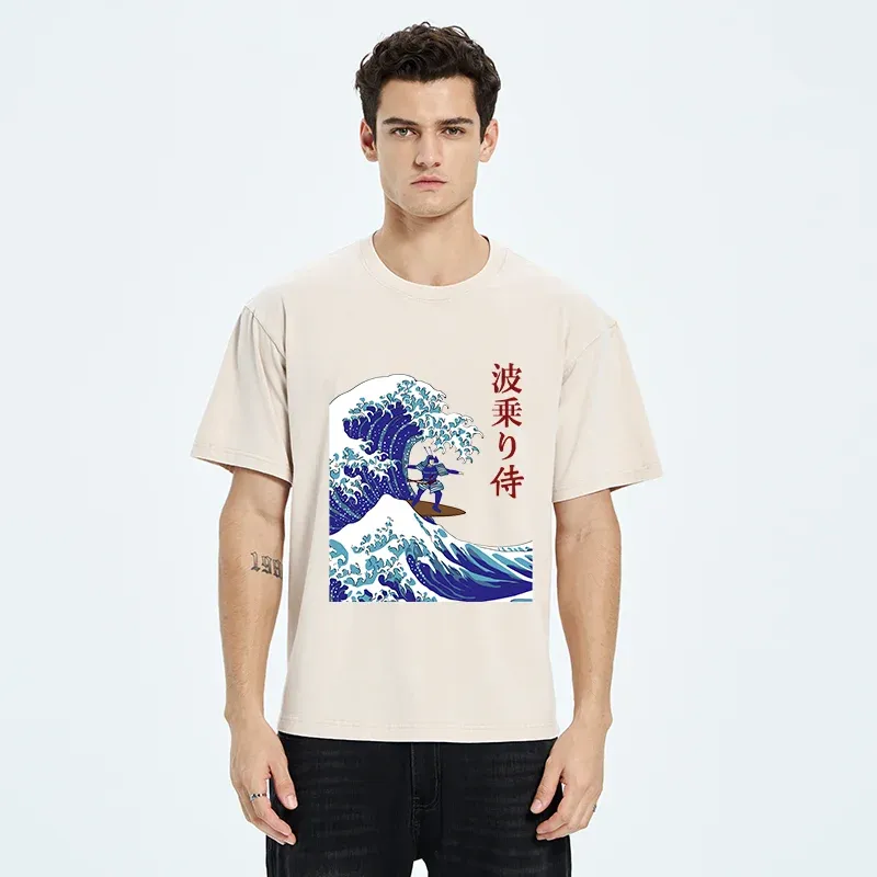 Tokyo-Tiger Funny Samurai Surf Washed T-Shirt