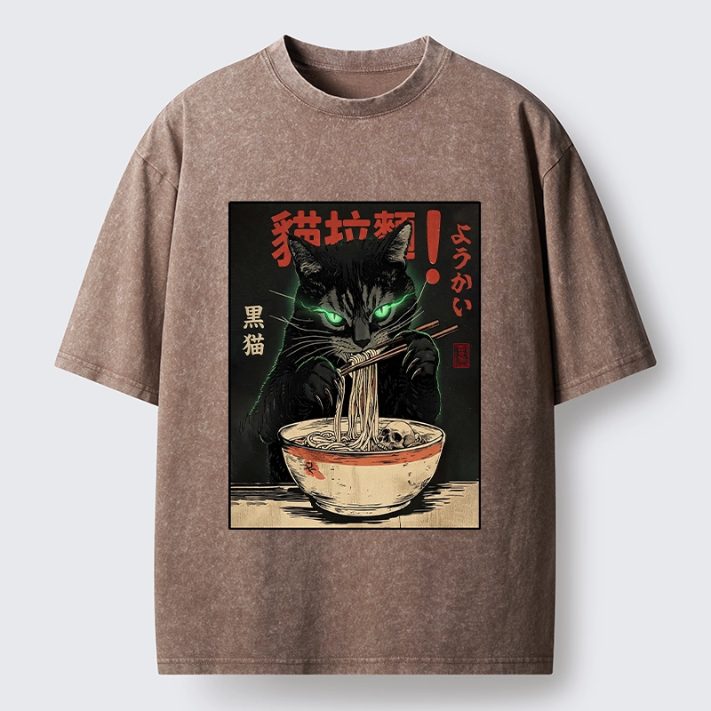 Tokyo‑Tiger Black Cat Ramen Feast Washed T‑Shirt