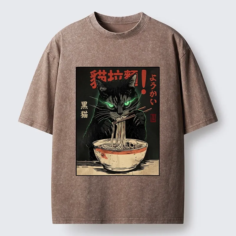 Tokyo‑Tiger Black Cat Ramen Feast Washed T‑Shirt