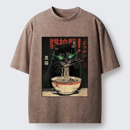 Tokyo‑Tiger Black Cat Ramen Feast Washed T‑Shirt