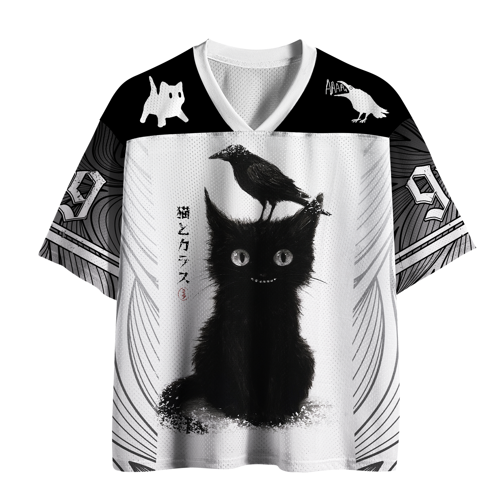 Tokyo-Tiger Spooky Cute Fluffy Black Cat and Crow Mesh Jersey