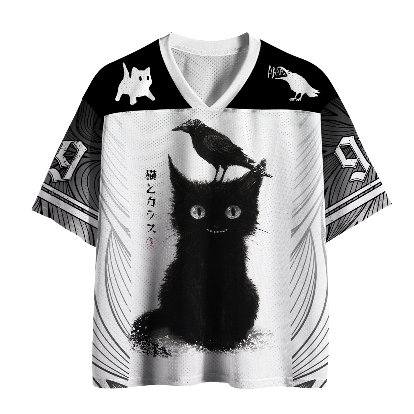 Tokyo-Tiger Spooky Cute Fluffy Black Cat and Crow Mesh Jersey Sale