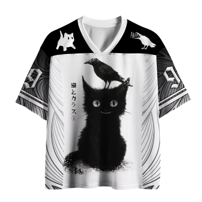 Tokyo-Tiger Spooky Cute Fluffy Black Cat and Crow Mesh Jersey