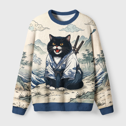 Tokyo-Tiger Kimono Samurai Cat Fuzzy Christmas Ugly Sweatshirt